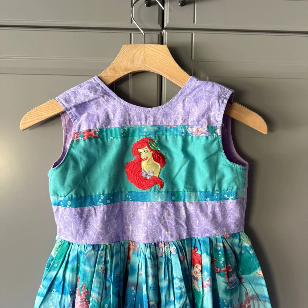 Handmade Girls Embroidered Little Mermaid Ariel Sundress, Purple Turquoise, 8/10
